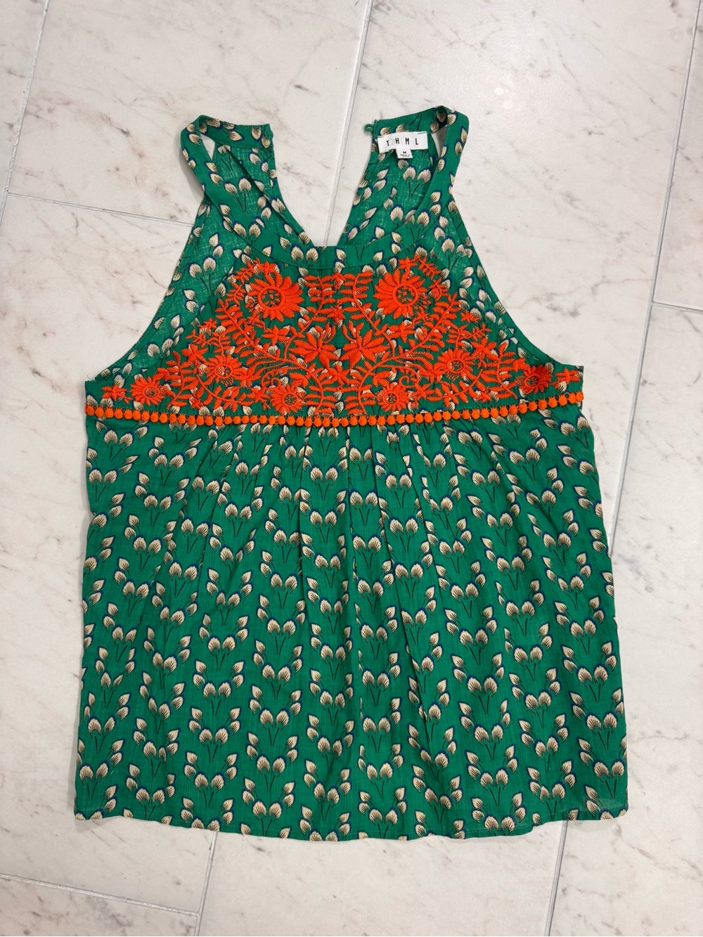 THML boho women’s boutique Green Camisole with Orange Floral Embroidered medium